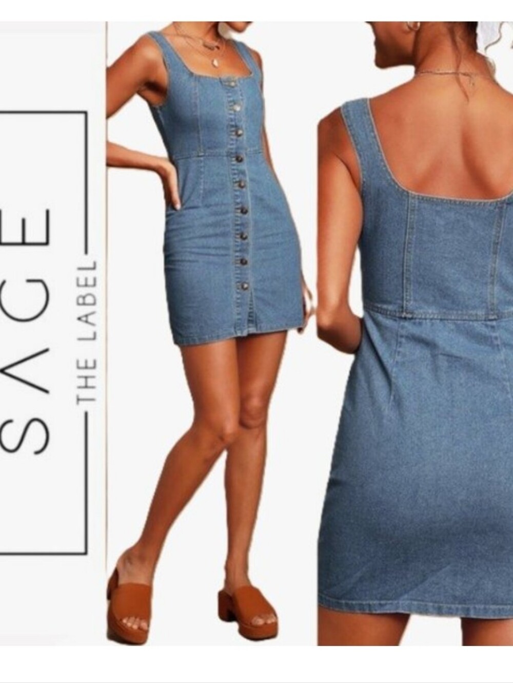 SAGE Making Eyes Fit Denim Button Down Front Mini Jean Dress Size Medium